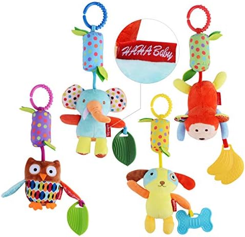 HAHA Baby Toys for 0 3 6 9 to 12 Months, Soft Hanging Crinkle Squeaky Sensory Learning Toy Infant Newborn Stroller Car Seat Crib Travel Activity Plush Animal Wind Chime with Teether for Boys Girls