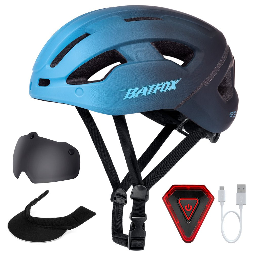 BATFOX Adults Mens Womens Bicycle Bike Helmet Casco De Bicicleta Street Urban Commuter Road Cycling Helmets with Rechargeable Led Light Visor Portable Backpack (Gradient Blue-Eye Shield+Sun Visor)