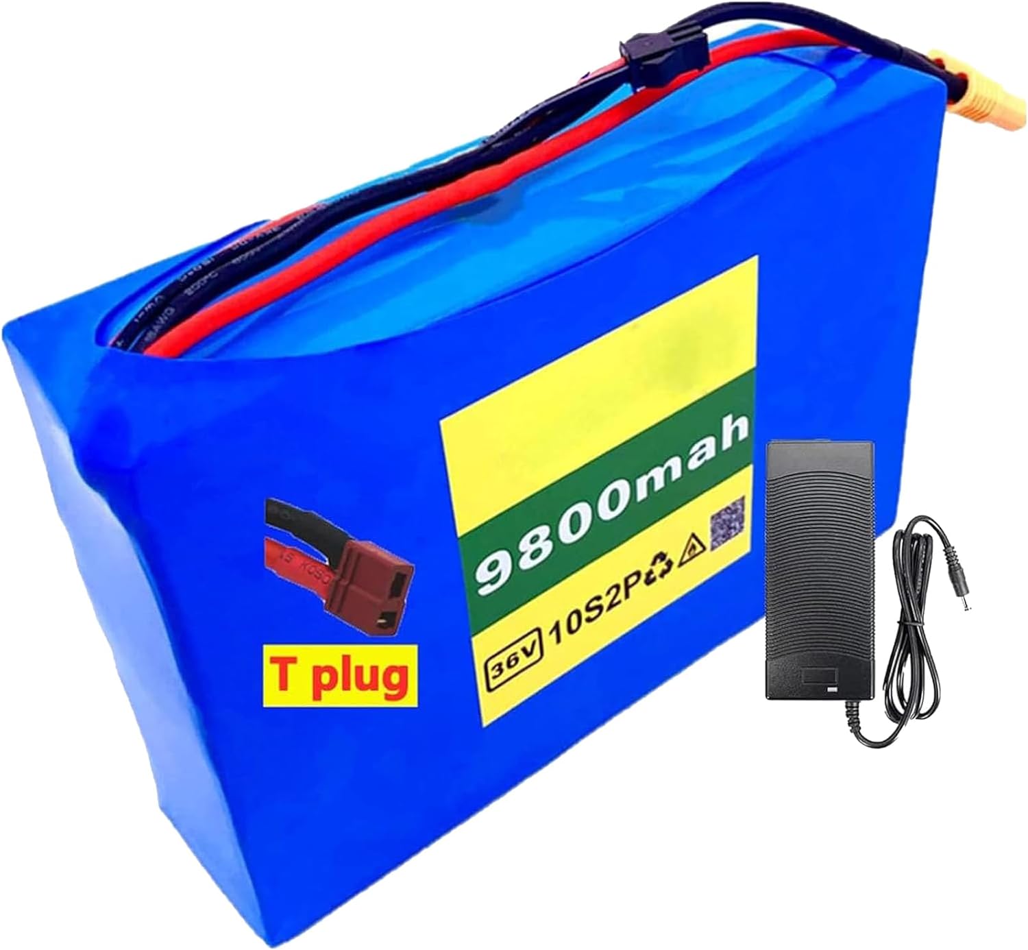 36V 9.8Ah 10S2P Electric Bicycle Lithium Battery Pack with BMS Board, for E-Bike Scooter Power Tools Motors Within 500W, Comes with Charger,T Plug