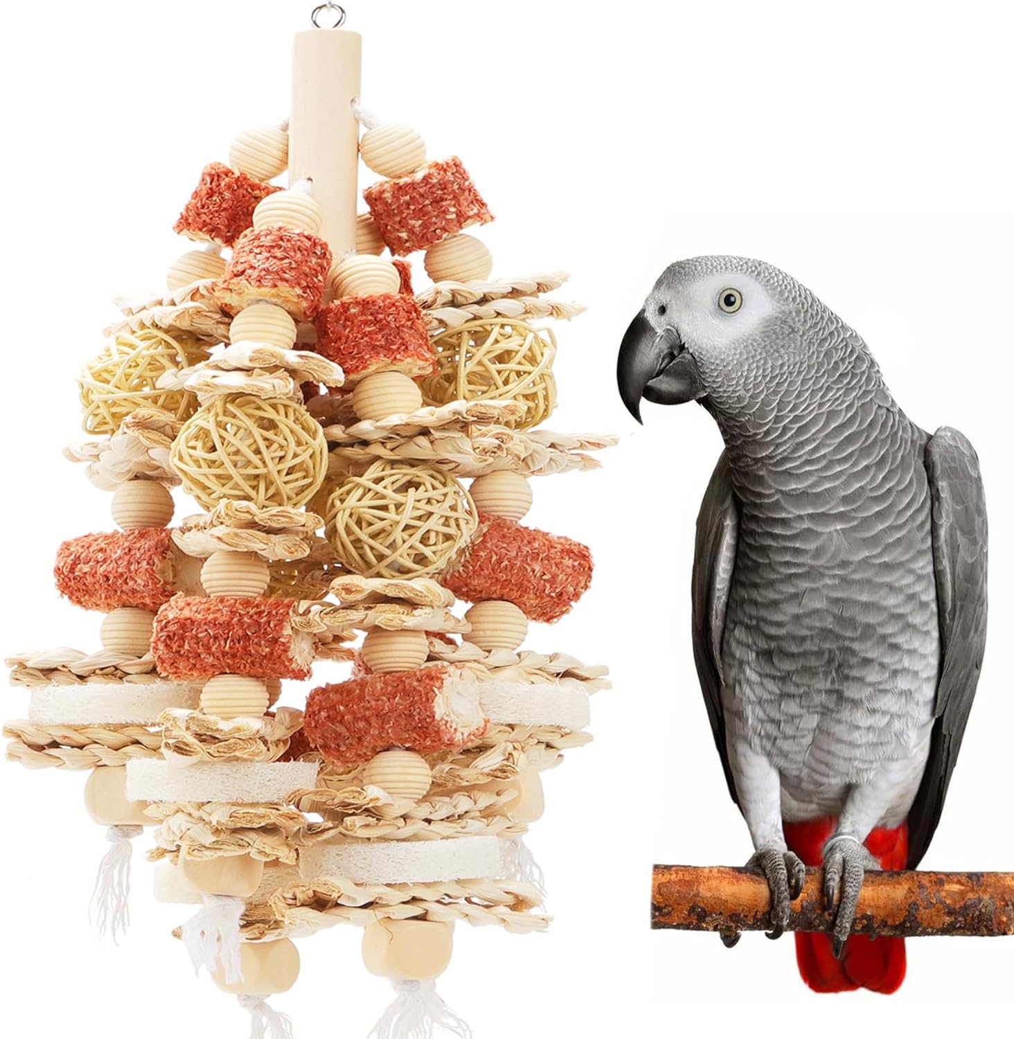 Bird Toys That is 17.5 Inches in Length, Parrot Toy Designed for Chewing Features Natural Corn cob and Loofah Slices, Can Be Hung in Large and Medium-Sized Parrot Cages