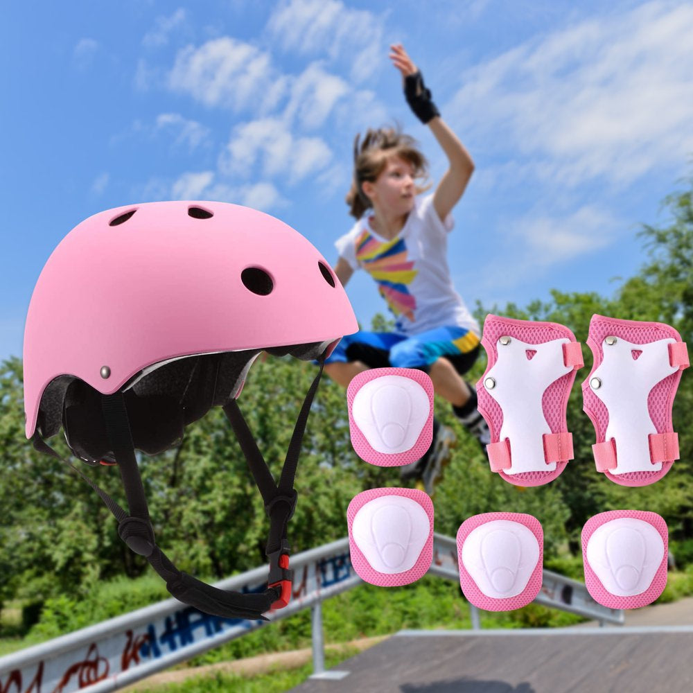Adjustable Skateboard Helmet with Protective Gear Knee Pads Elbow Pads Wrist Pads for Boys Girls Age 3-10, Kid'S Pink Helmet Set for Bike, Skateboard, Roller Outdoor Sports