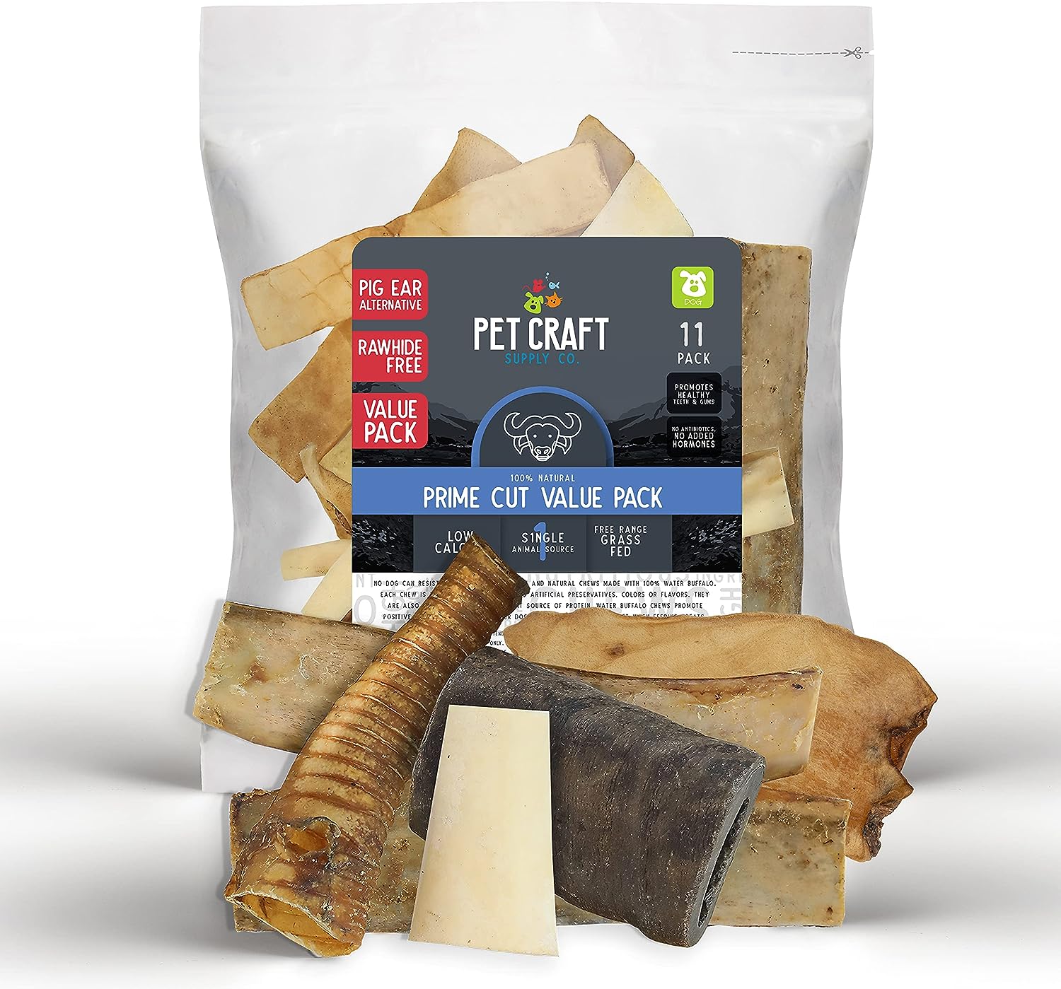 Pet Craft Supply Pure Natural Grass Fed Grain Free Water Buffalo Variety Pack of 11 Durable Tough Dog Chew for Aggressive Chewers and Puppies, Black