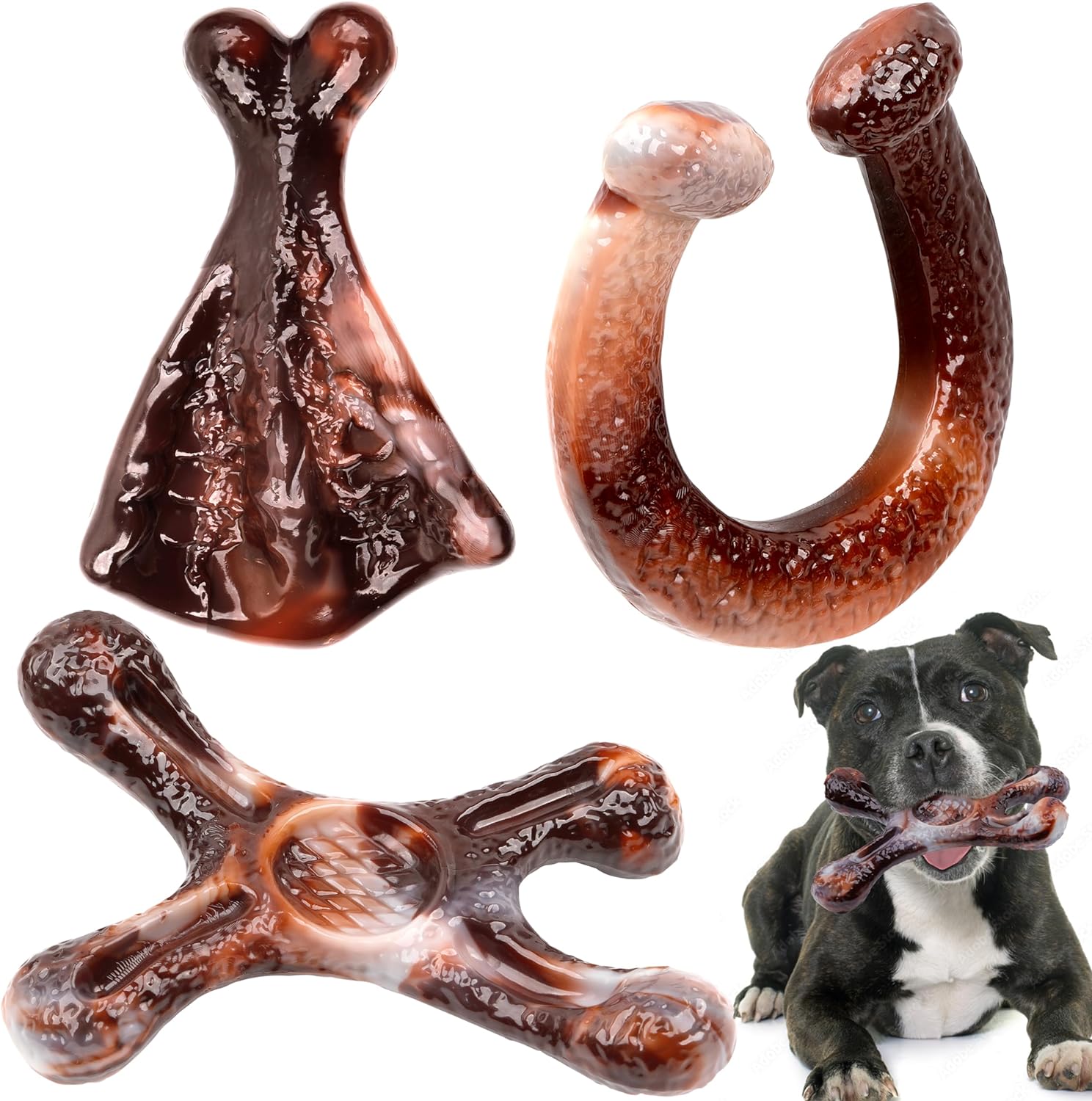 3 Pack Dog Chew Toys Indestructible Dog Chew Toys for Aggressive Chewers,with Bacon Flavor Durable Nylon Dog Bones Teething Toy for Small Medium and Large Dog Breeds (Brown)