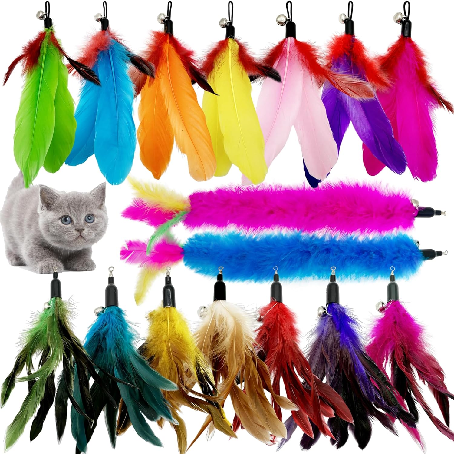 Cat Feather Toys Refill Cat Wand Replacement Feathers, 16 PCS Cat Toy Feather Refills, Cat Wand Attachments Feathers for Cat Toys