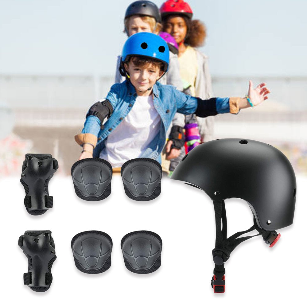 3-10 Years Old Kids Protective Gear Set for Outdoor Sports, Adjustable Skateboard Bike Helmet with Knee Pads Elbow Pads Wrist Guards for Roller Skating Cycling Scooter, Black