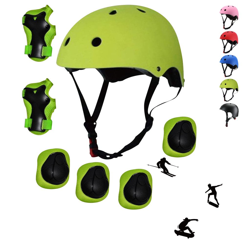 Kids Bike Helmet Set, Kids Helmet Elbow Pads and Wrist Guards Adustable Fro 3-10 Years Boys and Girls, Green Protective Gear Set for Roller Skates Cycling Bike Rollerblading Scooter Sports