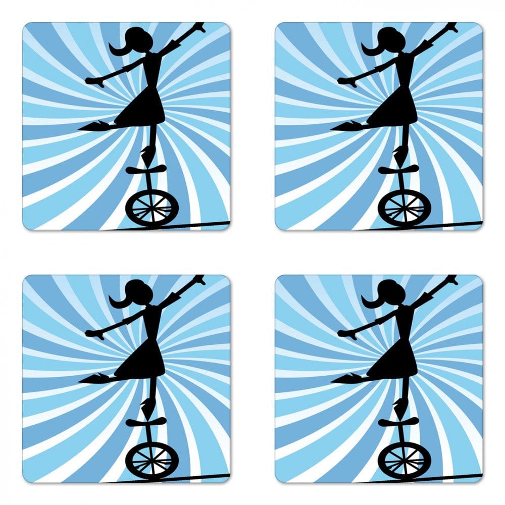 Circus Coaster Set of 4, Print of a Woman Balancing on a Unicycle on a Rope Having a Fun Time, Square Hardboard Gloss Coasters, Standard Size, Charcoal Grey White Blue, by Ambesonne