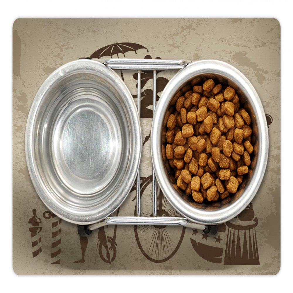 Circus Pet Mat for Food and Water, Silhouette Circus Performers as Magician Doing Card Trick and Girl on Unicycle, Non-Slip Rubber Mat for Dogs and Cats, 18" X 12", by Ambesonne