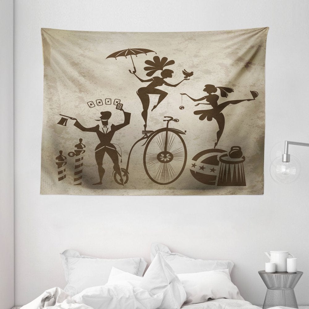 Circus Tapestry, Silhouette Circus Performers as Magician Doing Card Trick and Girl on Unicycle, Wall Hanging for Bedroom Living Room Dorm Decor, 80W X 60L Inches, Beige and Brown, by Ambesonne