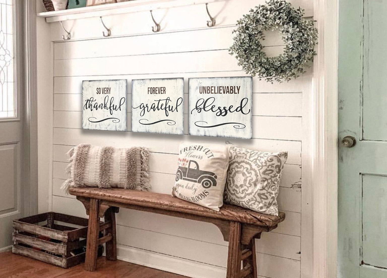 So Very Thankful Grateful Blessed Wood Sign Set